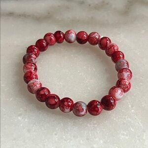 Red and White Marbled Beaded Stretch Bracelet